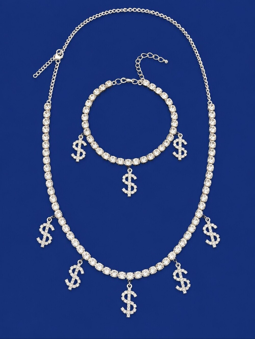 RHINESTONE Bling Dollar Sign Hip Hop Necklace Anklet Set - Picture 1 of 10